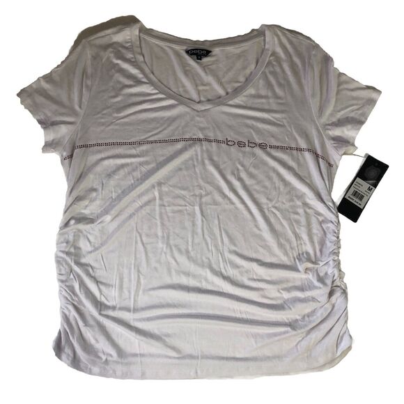 Bebe Sport White With Pink Rhinestones Ruched Tee  Size Medium NWT - Picture 1 of 12